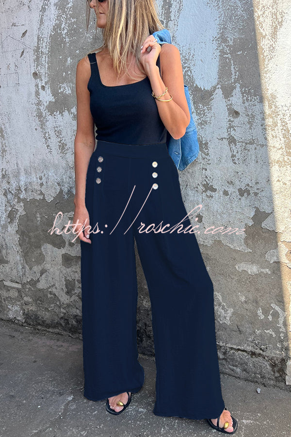 Solid Color Elastic Waist Button Decoration Wide Leg Pants