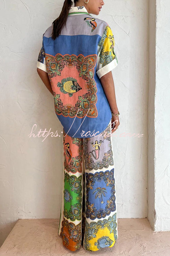 Sunny Delights Linen Blend Mermaid Print Elastic Waist Pocketed Wide Leg Pants