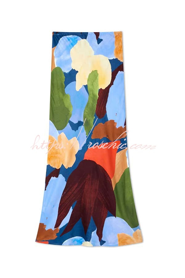 Bright and Bold Satin Abstract Color Blocks Print Elastic Waist Drape Maxi Skirt