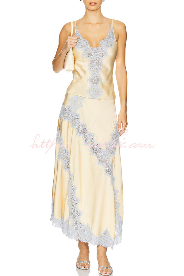 Wine Tasting Contrast Color Satin Lace Trim V-Neck Slip Tank (Shipped Within 24 Hours)