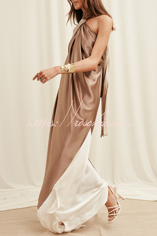 Elegant Whisper Satin Colorblock Halter Asymmetrical Hem Drape Maxi Dress