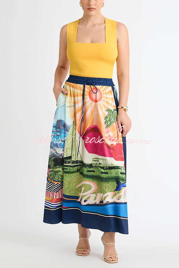 Seaside Holiday Satin Unique Print Knotted Scarf Top and Elastic Waist Loose Maxi Skirt Set