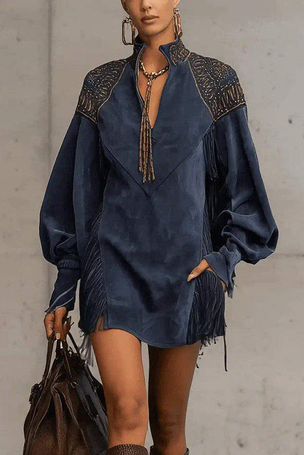 Stylish Suede V-neck Long-sleeved Tassel Loose Mini Dress