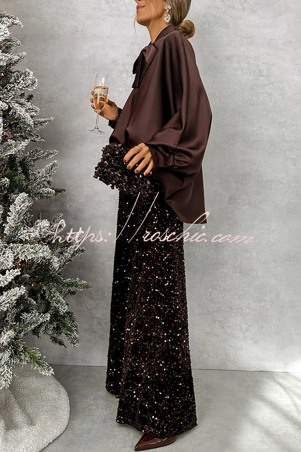 Chic and Merry Velvet Sequin High Rise Elastic Waist Flare Pants