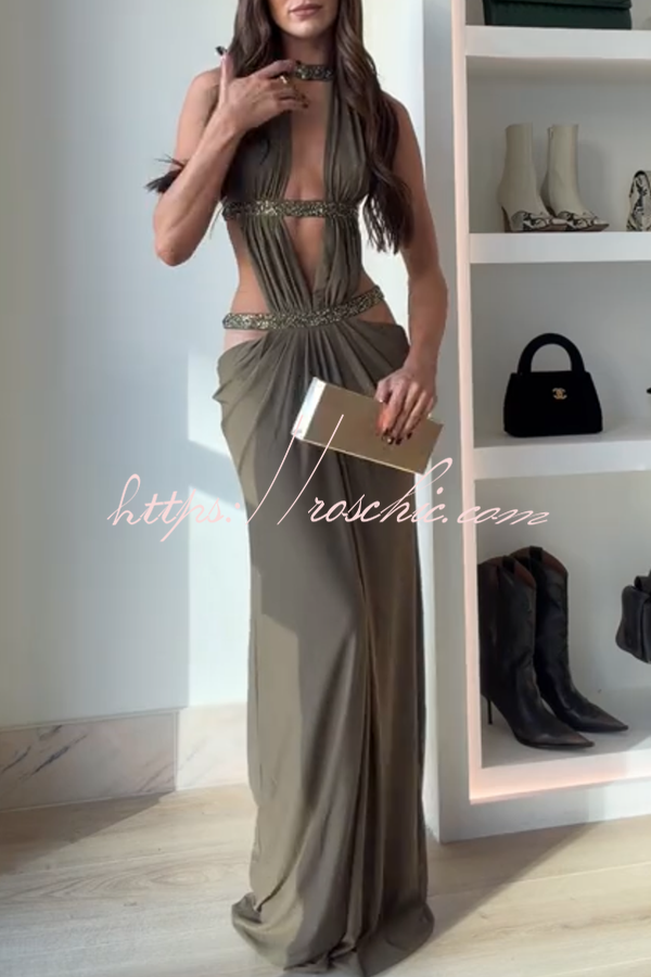 Khaki Hot-fix Rhinestone Shoulder Strap Cutout Design Backless Drape Maxi Dress
