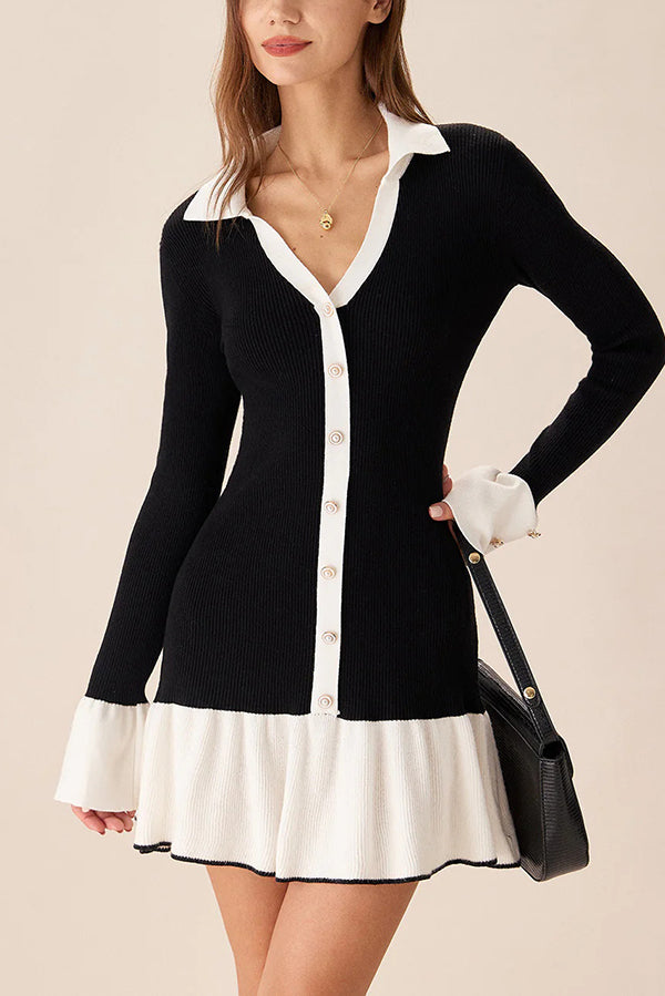 Stylish Color-blocked Long-sleeved Button-decorated Knitted Mini Dress