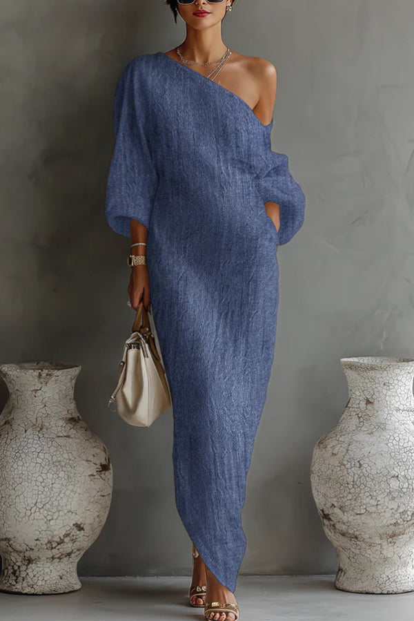 Linen Blend Loose-fitting Slanted Neck Lantern Sleeve Casual Maxi Dre roschic Linen Blend Loose-fitting Slanted Neck Lantern Sleeve Casual Maxi Dre roschic
