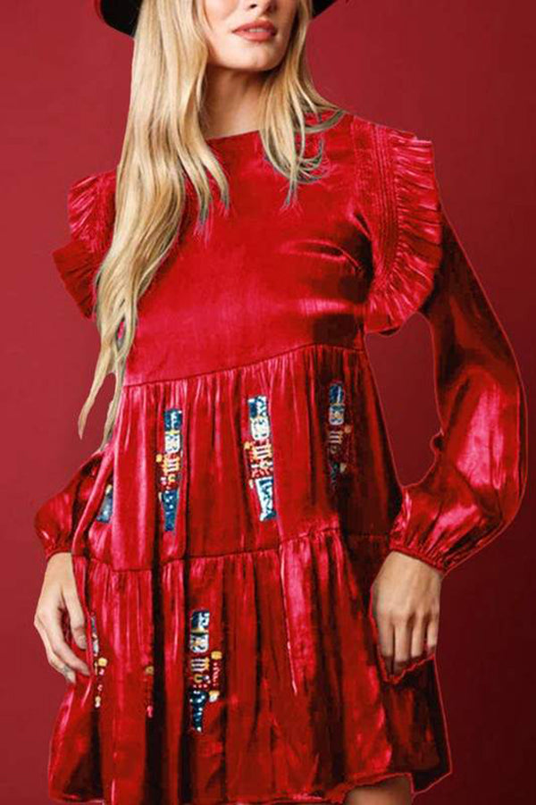 Christmas Toy Solider Satin Sequin Balloon Sleeve Tiered Mini Dress