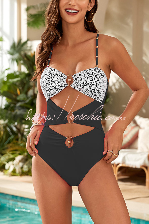 Fashionable Splicing Spaghetti Strap Metal Buckle One-piece Bikini Swimsuit