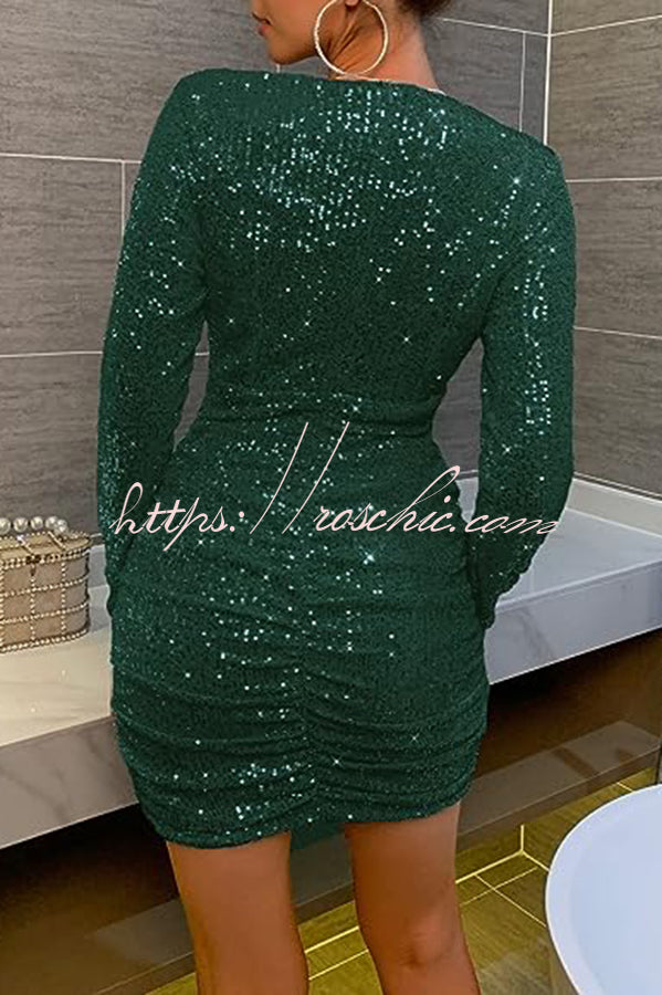 V Neck Wrap Hip High Waist Sequin Mini Dress