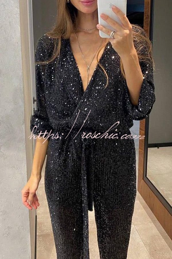 Cheers To You Sequin Long Sleeve Belted Wrap Loose Jumpsuit