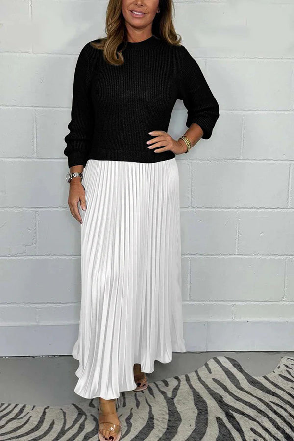 Stylish Knitted Round Neck Long Sleeve Patchwork Pleated Hem Maxi Dre   roschic