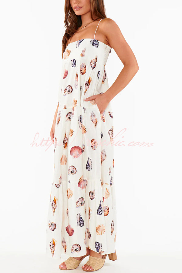 Long Weekend Linen Blend Shells Unique Print Smocked Pocket Lightweight Maxi Dress