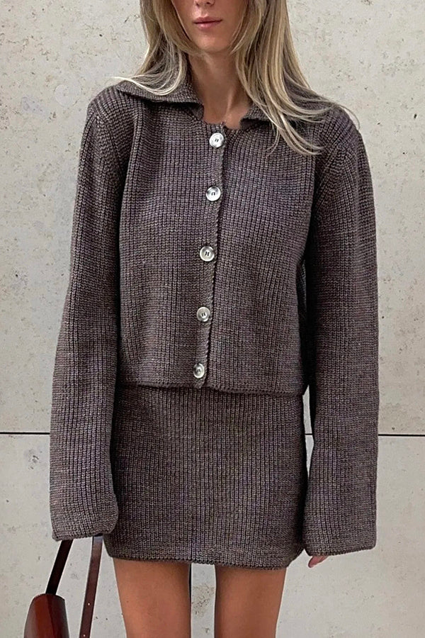 Fashion Lapel Bell Sleeve Knitted Cardigan and Casual Mini Skirt Set