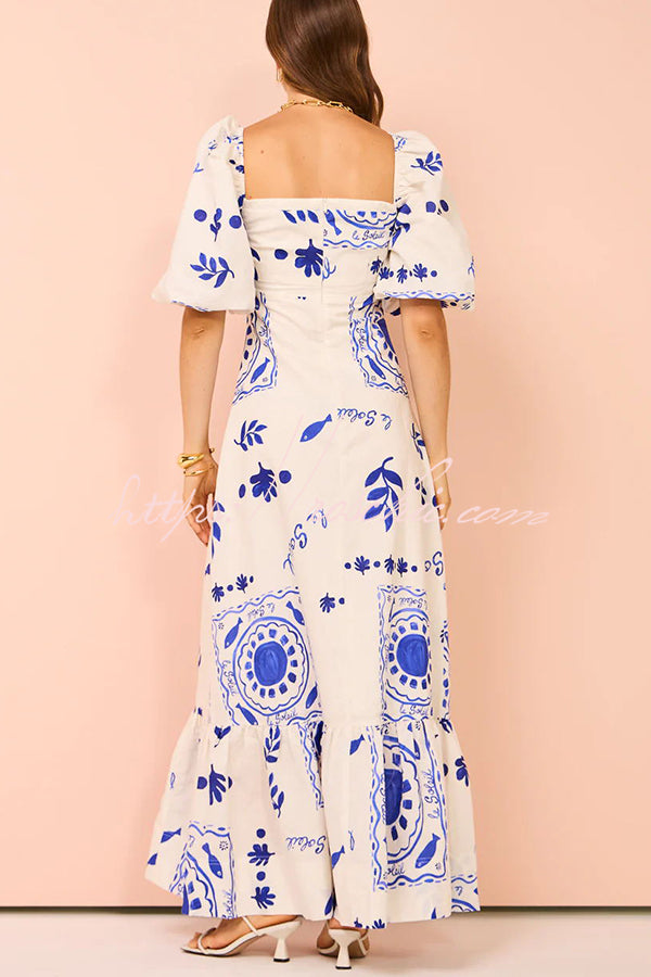Sherbert Linen Blend Unique Print Square Neck Bubble Sleeve Maxi Dress –  roschic