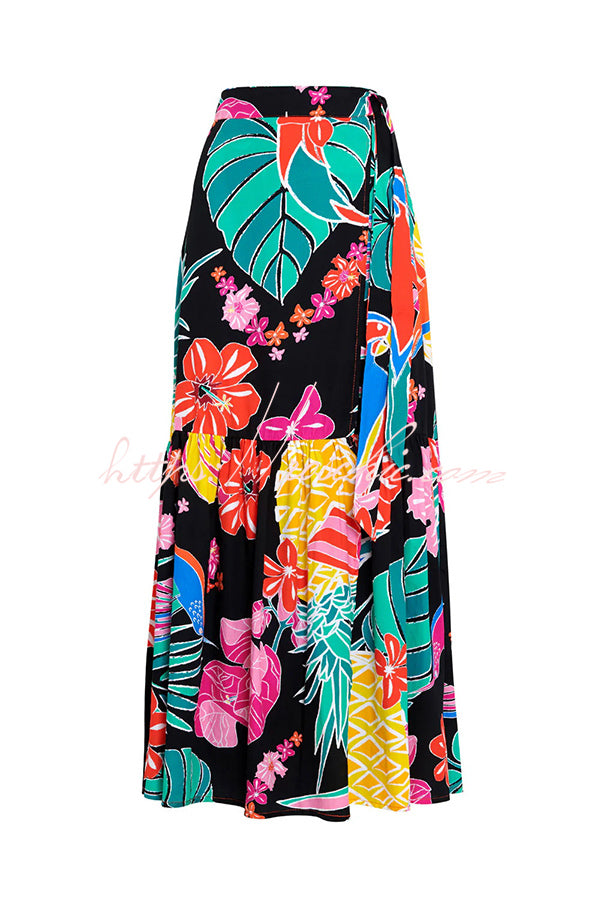 Tropical Flowers and Birds Print Loose Holiday Maxi Skirt