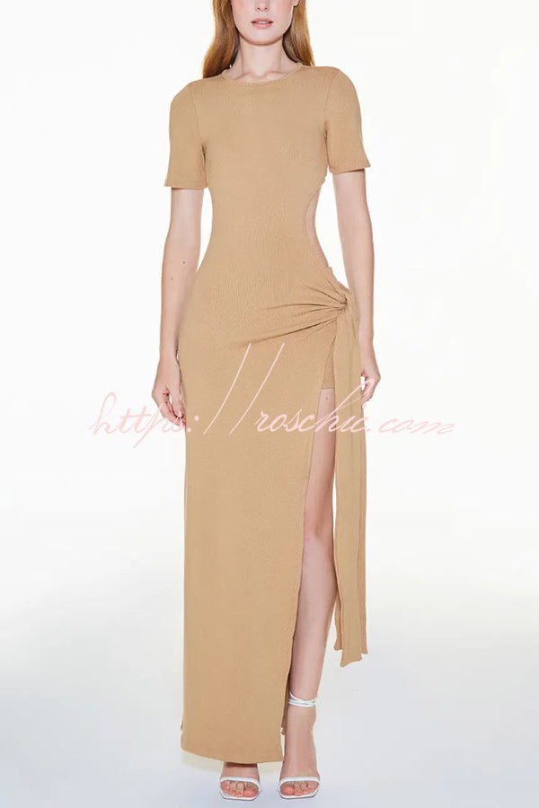 Holiday Party Ribbed Knit Cutout Waist Straps Slit Maxi Dress