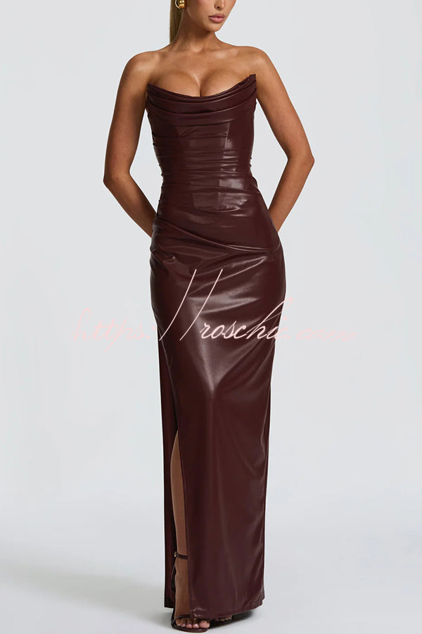 Alba Faux Leather Pleated Off Shoulder Neck Slit Stretch Maxi Dress