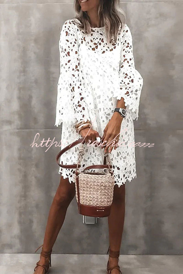 Pretty Presence Floral Crochet Lace Bell Sleeve Mini Dress