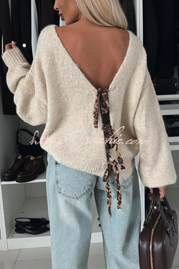 Fashionable Charm Knit Back Leopard Print Bow Tie-up Relaxed Sweater