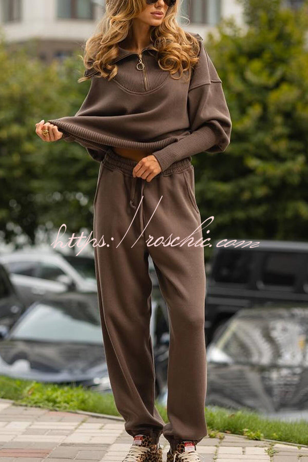 Solid Color Long-sleeved Zip-up Sweatshirt and Elastic Waist Loose Pocket Pants Set