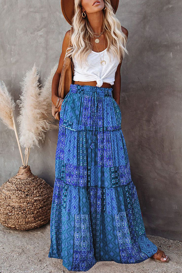 Floral Print Stretch Elastic Waist Pocket High Waist Skirt