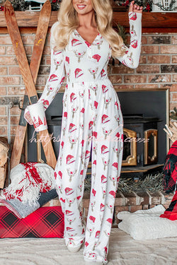 Start The Festival Santa Hat/Reindeer Print Ribbed Elastic Waist Lounge Pajama Set