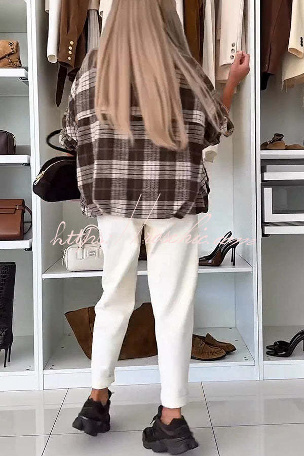 Fashion Plaid Print Lapel Long Sleeve Loose Zipper Jacket