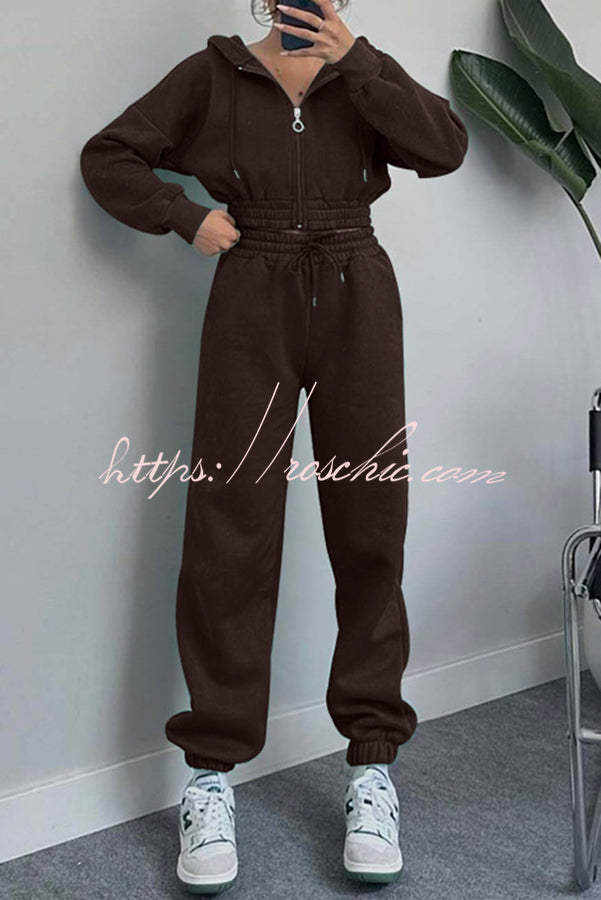 Hooded Zip Up Waist Sweatshirt and Elastic Waist Lace Up Pants Set