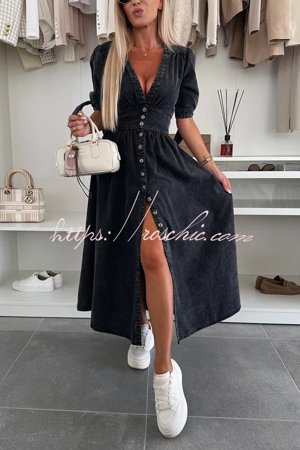 Solid Color V-neck Button-down Denim Midi Dress, Army Green / XL Solid Color V-neck Button-down Denim Midi Dress, Army Green / XL