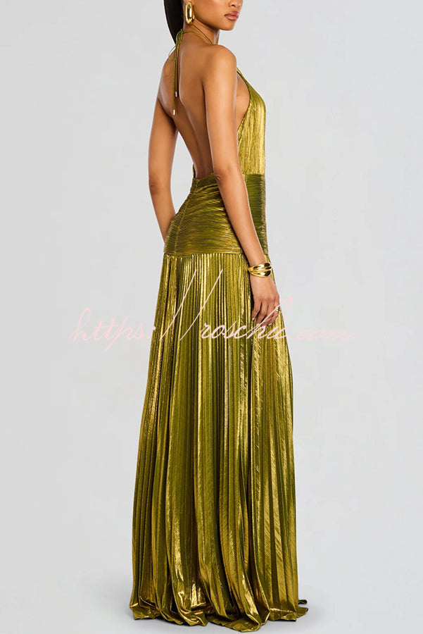 Glamorous Metallic Pleated Fabric Open Back Halter Slit Maxi Dress