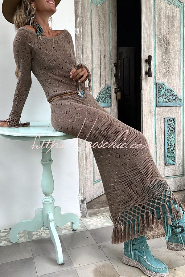 Bailey Knit Long Sleeve Pattern Hollow Out Tassel Trim Maxi Dress