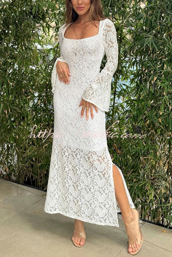 Luxe Lifestyle Lace Square Neck Bell Sleeve Lined Slit Midi Dress