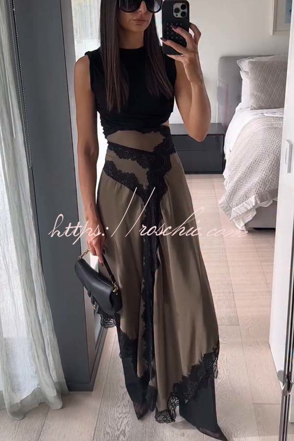 Verve Ribbed Jersey Cutout Waist Asymmetric Satin Lace Hem Maxi Dress