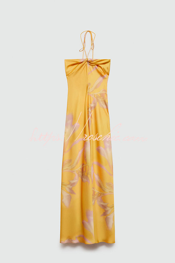 Catalina Island Satin Floral Print Twist Bust Halter Maxi Dress