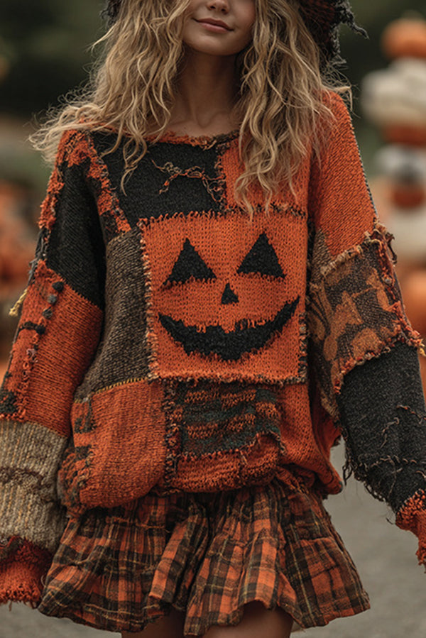 Halloween Print Loose Round Neck Long Sleeve Casual Sweatshirt