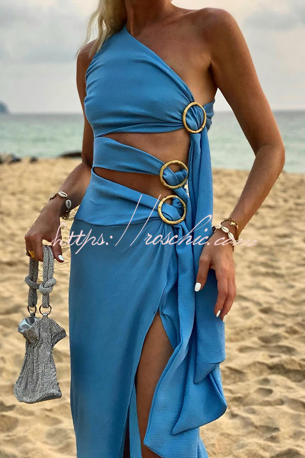 As Beautiful As The Sky Side Waist Ring Hollow Design Slit Vacation Maxi Dress