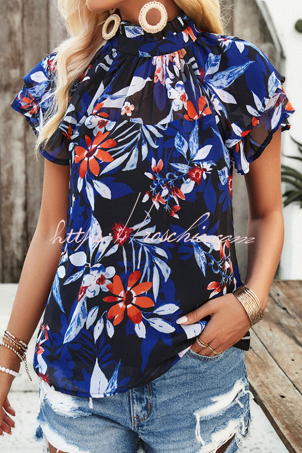 Floral Print Paneled Pleated Crew Neck Pullover Short Sleeved Top