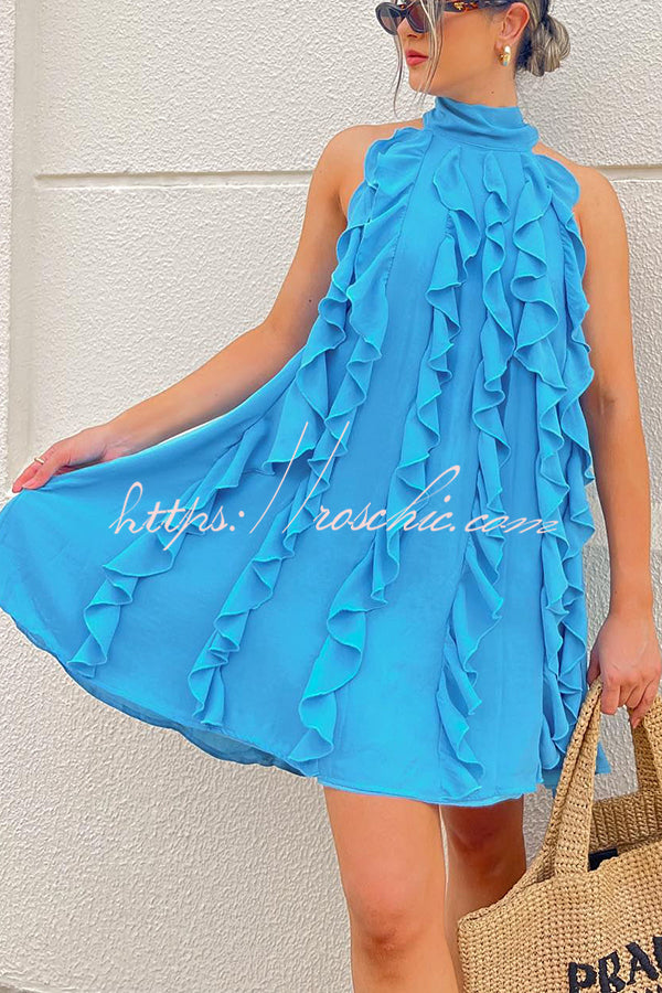 Oh So Sweet Chiffon High Neck Ruffle Pleated A-line Mini Dress