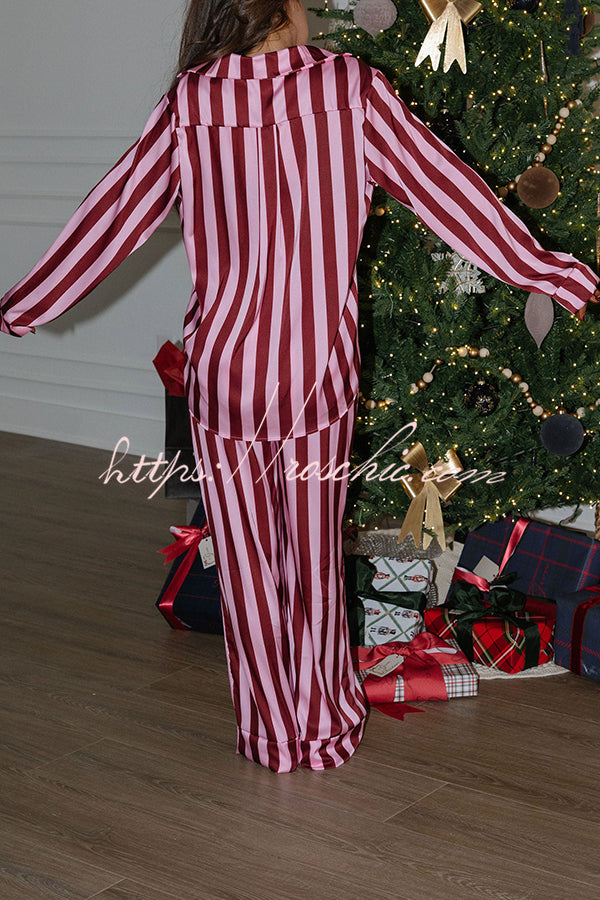 Courtney Satin Colorblock Striped Loose Shirt and Elastic Waist Pocketed Pajama Set