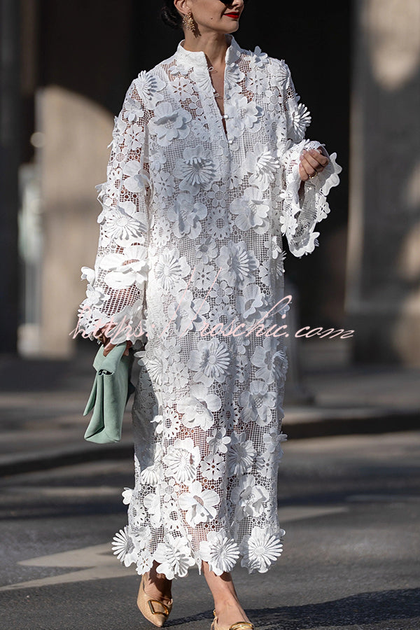 Solid Color Hollow Embroidery Loose Long Sleeve Midi Dress