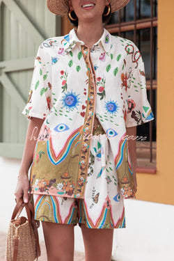 Sun Kiss Linen Blend Unique Print Button Loose Shirt and Elastic Waist Pocket Shorts Set