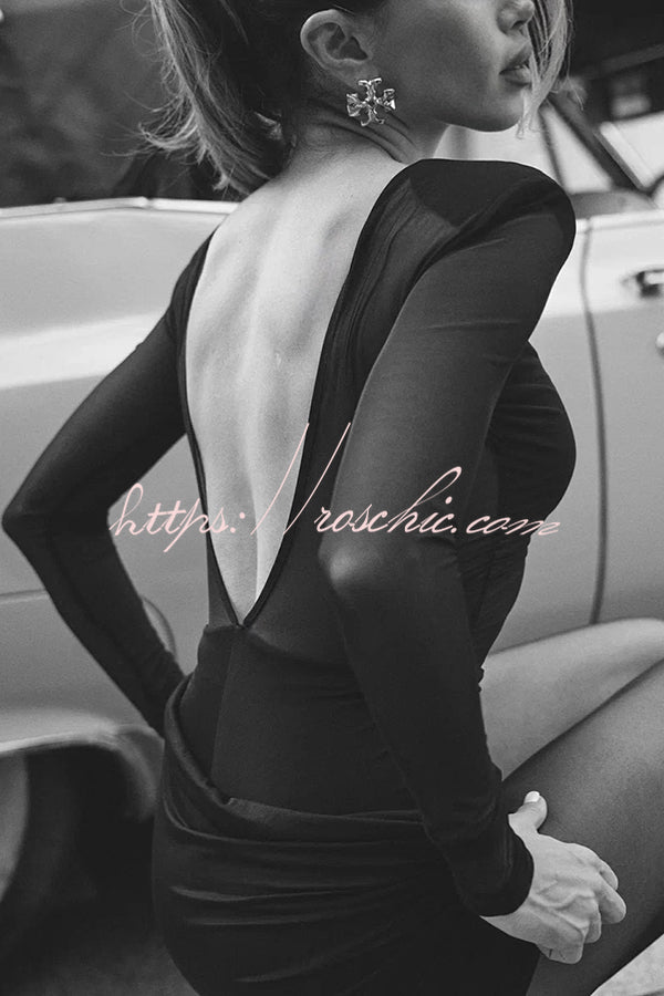 Sexy Mesh See-through Long-sleeved Backless Pleated Rompers