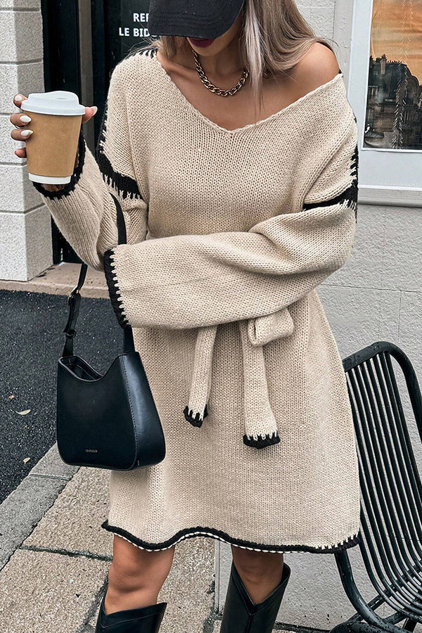 Stylish Loose-fitting Long-sleeved Tie-waist Knit Mini Dress roschic Stylish Loose-fitting Long-sleeved Tie-waist Knit Mini Dress roschic