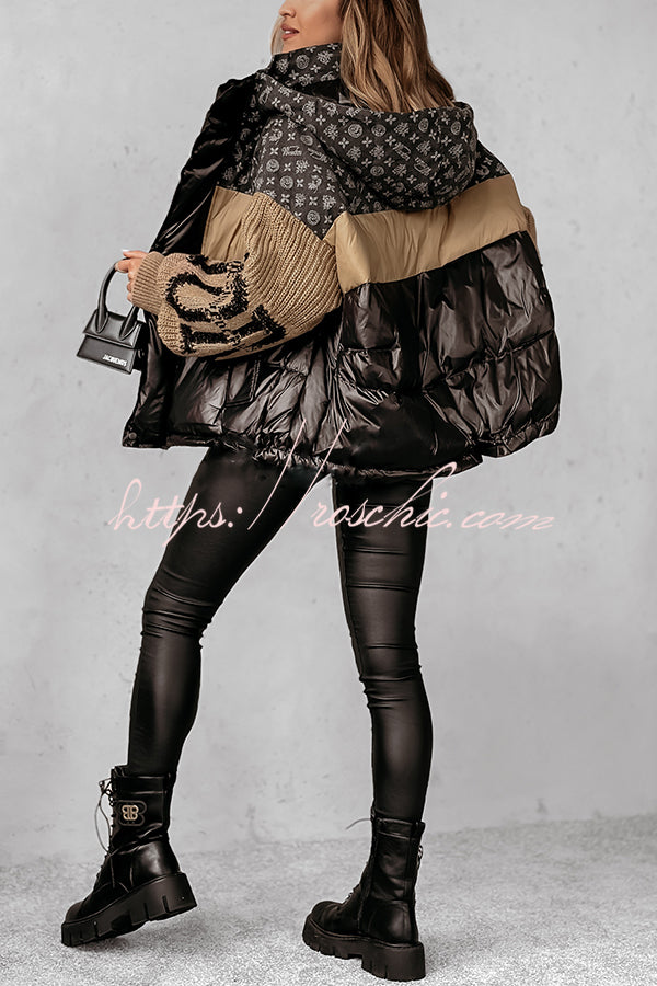 Stylish Denim Knit Long-sleeved Patchwork Hooded Pocket Thickened Jacket