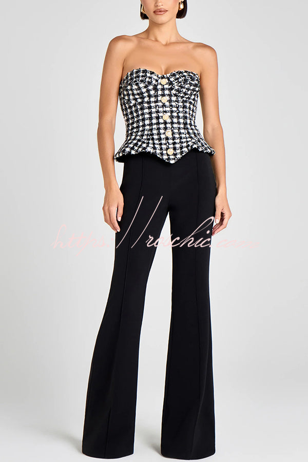 Maya Check Bouclé-tweed Fabric Sweetheart Neck Gold Button Strapless Tank