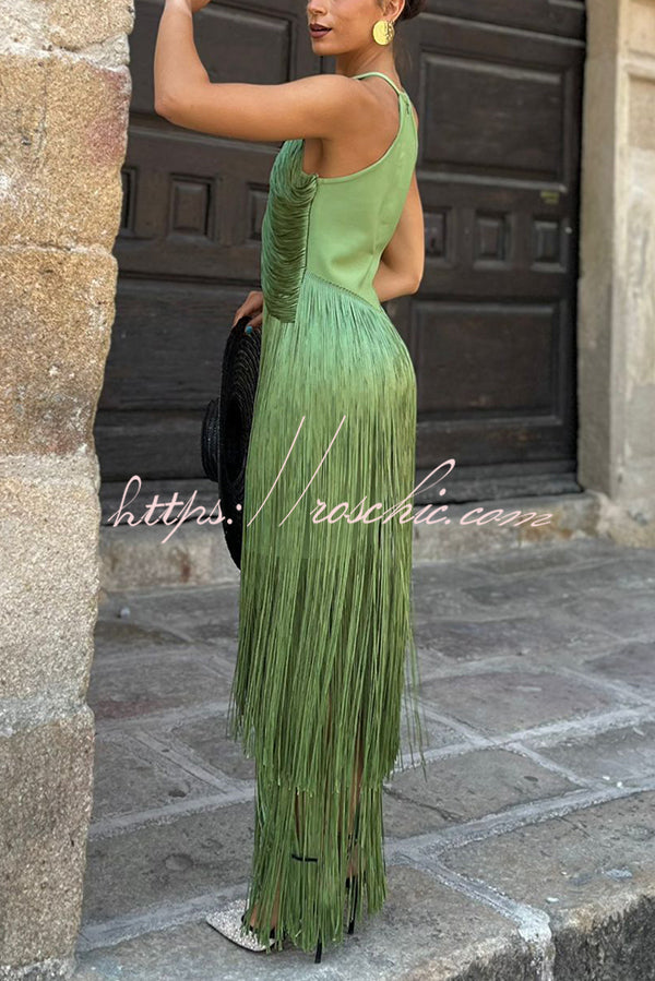 Fashion Sleeveless Halter Neck Elegant Tassel Slim Maxi Dress