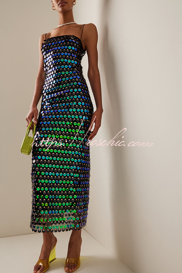 Sexy Sequined Halter-neck Backless Slim Fit Slit Midi Dress