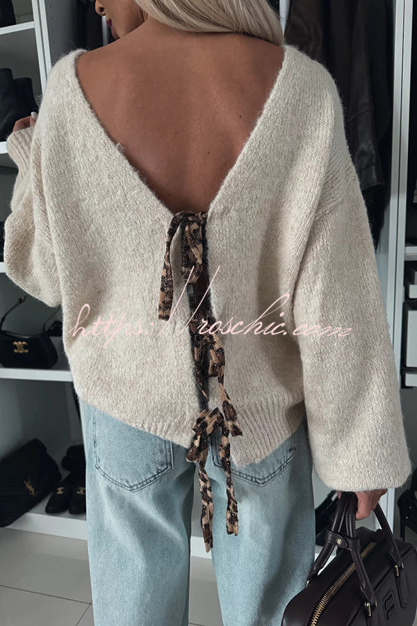 Fashionable Charm Knit Back Leopard Print Bow Tie-up Relaxed Sweater