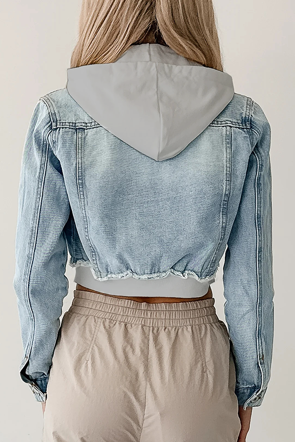 Fashionable Patchwork Hooded Casual Long-sleeved Denim Jacket